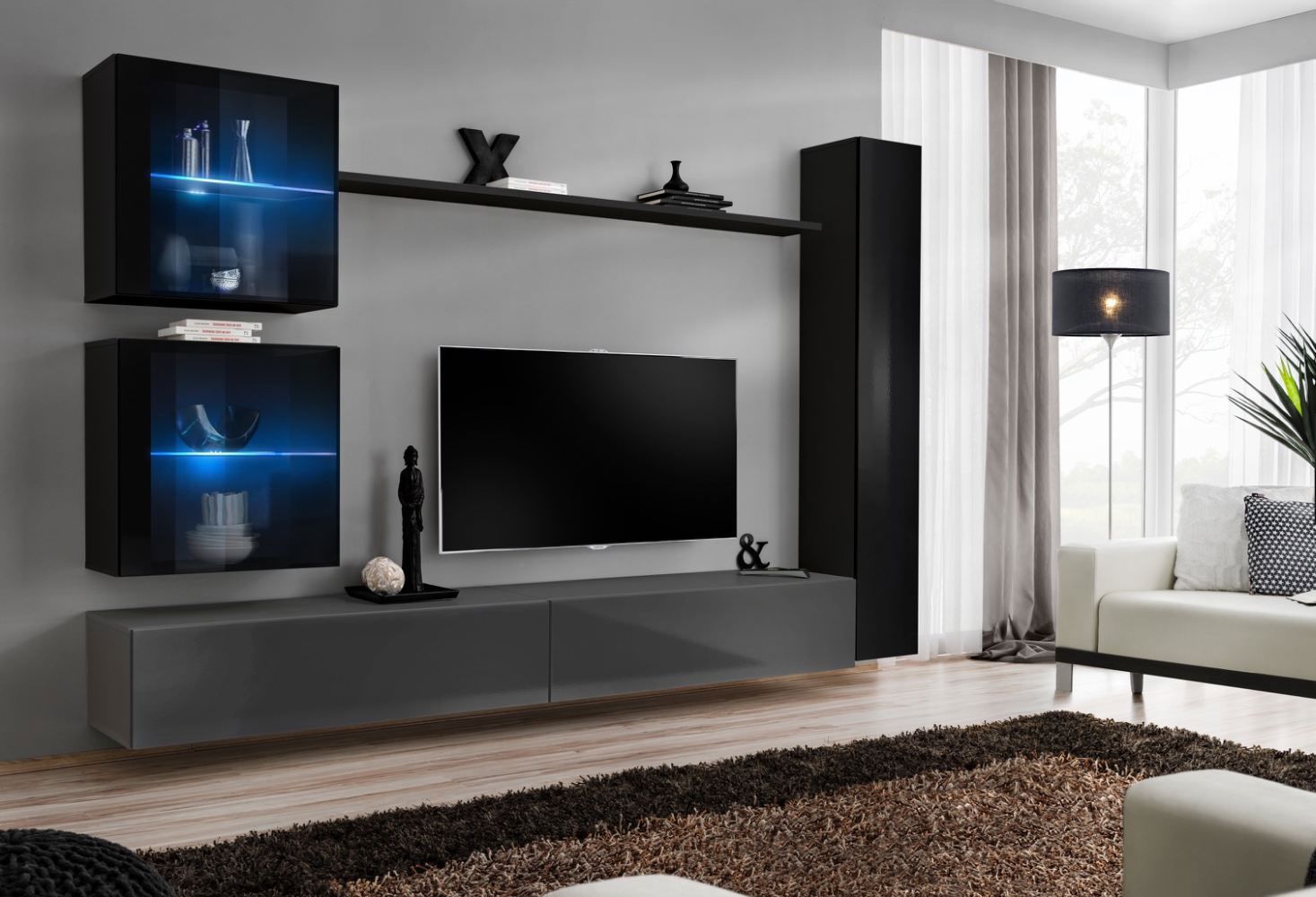 Wohnwand mit einen Hängeschrank Balestrand 282, Farbe: Schwarz / Grau - Abmessungen: 180 x 280 x 40 cm (H x B x T), mit LED-Beleuchtung