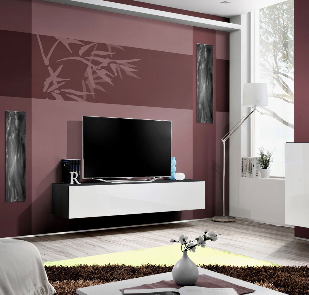 Elegantes TV-Möbel Raudberg 03, Farbe: Weiß / Schwarz - Abmessungen: 30 x 160 x 40 cm (H x B x T), mit Push-to-open Funktion