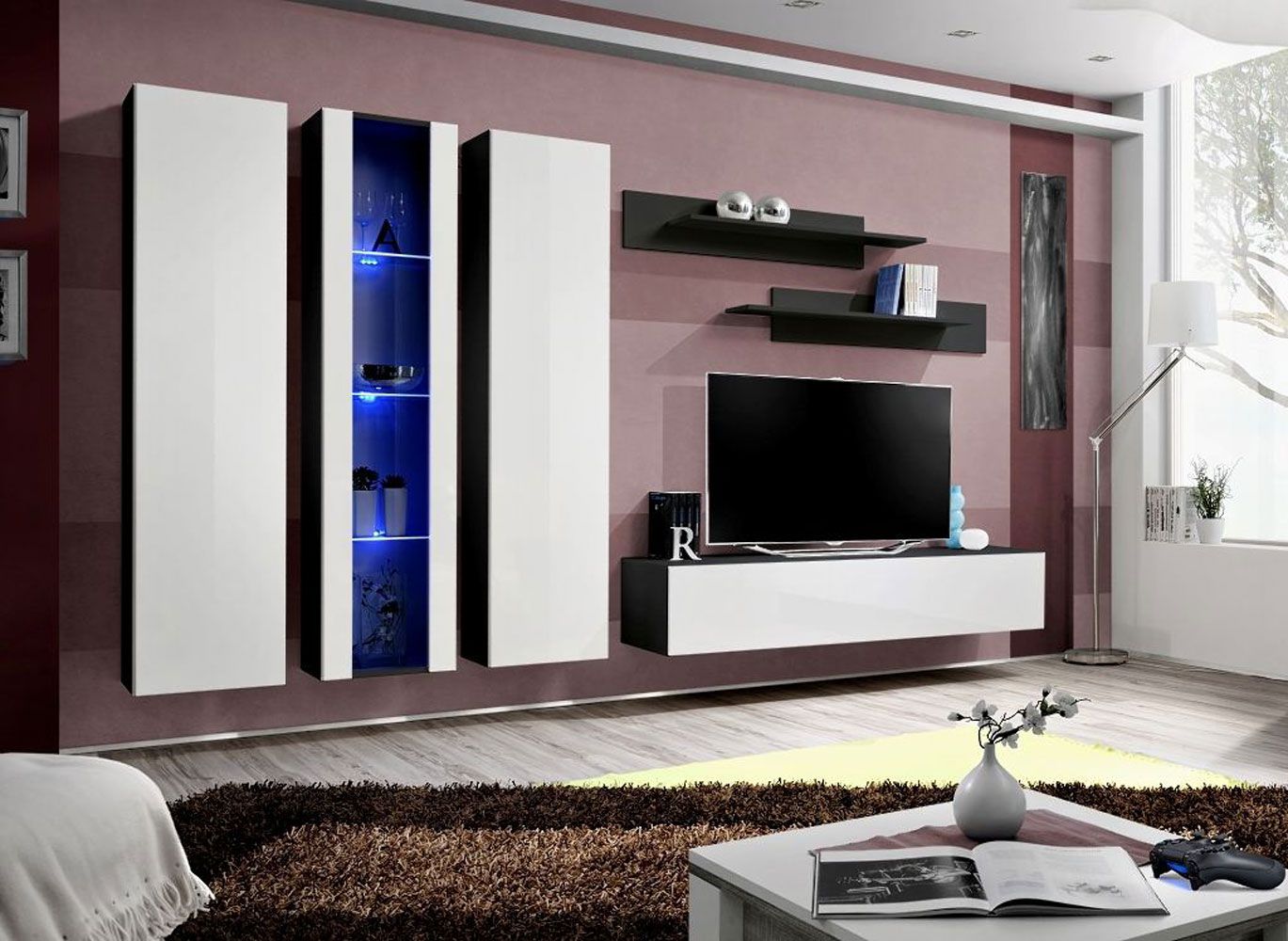Außergewöhnliche Wohnzimmer Wohnwand Hompland 35, Farbe: Weiß / Schwarz - Abmessungen: 170 x 260 x 40 cm (H x B x T), mit blauer LED-Beleuchtung