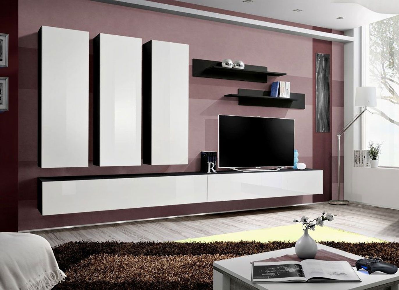 Moderne Wohnwand Hompland 43, Farbe: Weiß / Schwarz - Abmessungen: 170 x 320 x 40 cm (H x B x T), mit Push-to-open Funktion