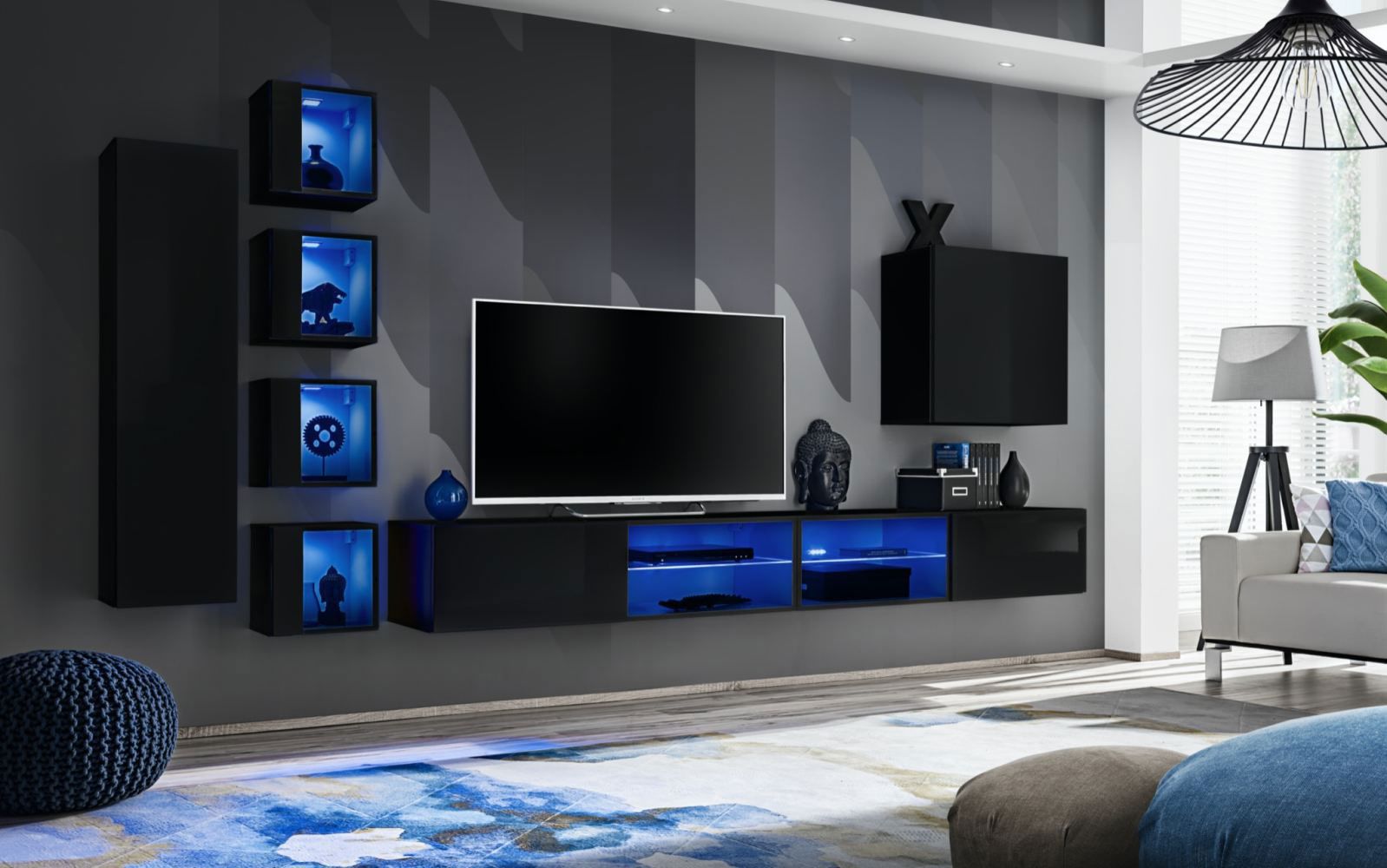 Dunkle Wohnwand Volleberg 82, Farbe: Schwarz - Abmessungen: 150 x 280 x 40 cm (H x B x T), mit blauer LED-Beleuchtung