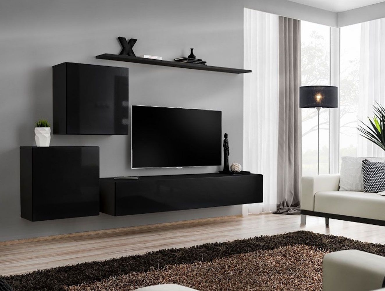 Moderne Wohnwand mit genügend Stauraum Balestrand 66, Farbe: Schwarz - Abmessungen: 150 x 250 x 40 cm (H x B x T), mit Push-to-open Funktion
