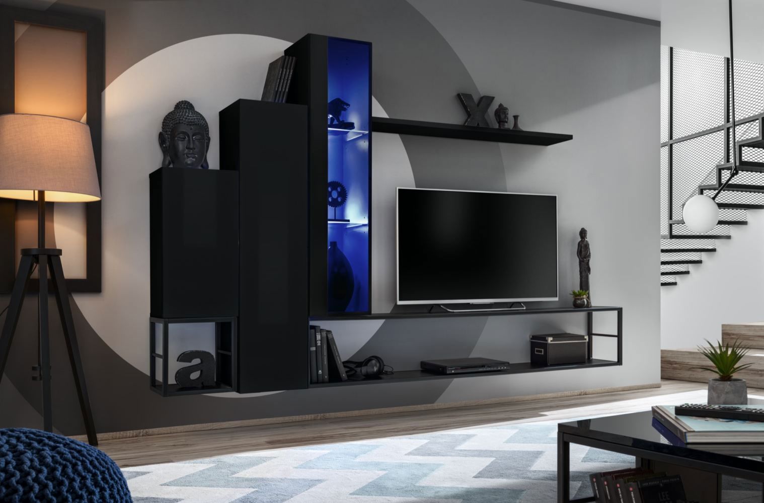 Wohnzimmerwand im modernen Design Valand 30, Farbe: Schwarz - Abmessungen: 150 x 240 x 40 cm (H x B x T), mit blauer LED-Beleuchtung