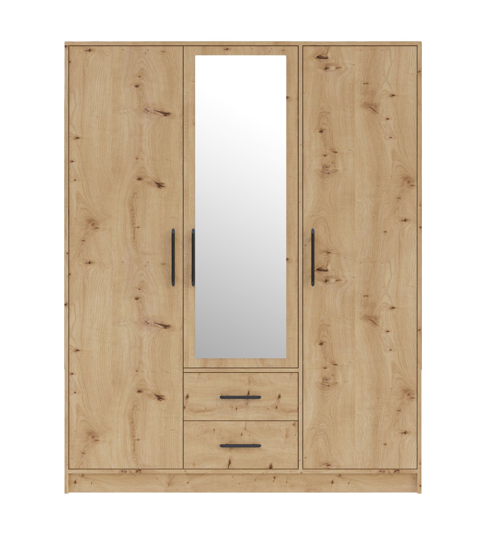 Kleiderschrank mit Spiegel Hannut 21, Farbe: Eiche Artisan - Abmessungen: 190 x 150 x 56 cm (H x B x T)