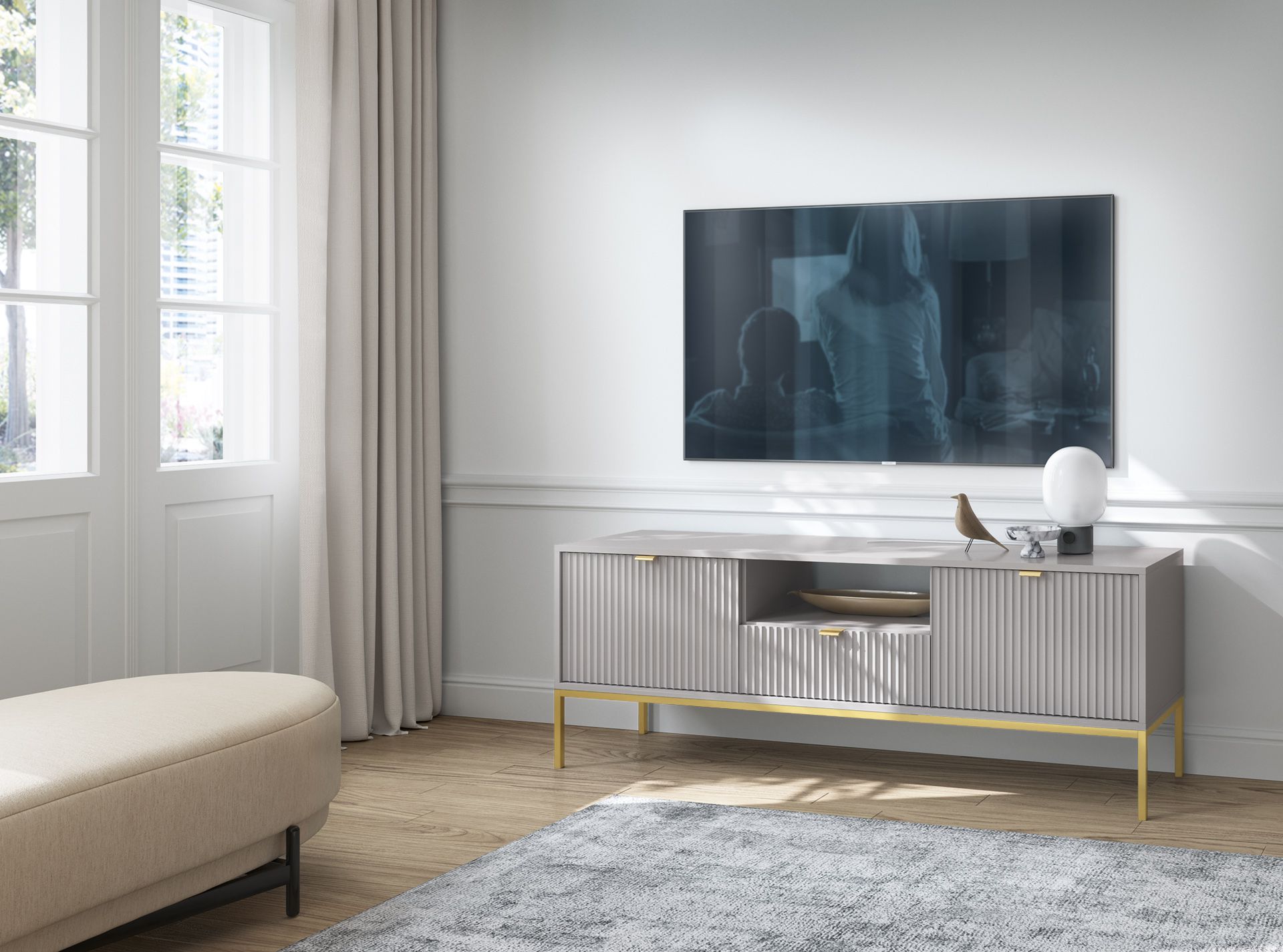 TV-Unterschrank mit modernen Design Worthing 57, Farbe: Grau / Gold - Abmessungen: 56 x 154 x 39 cm (H x B x T)