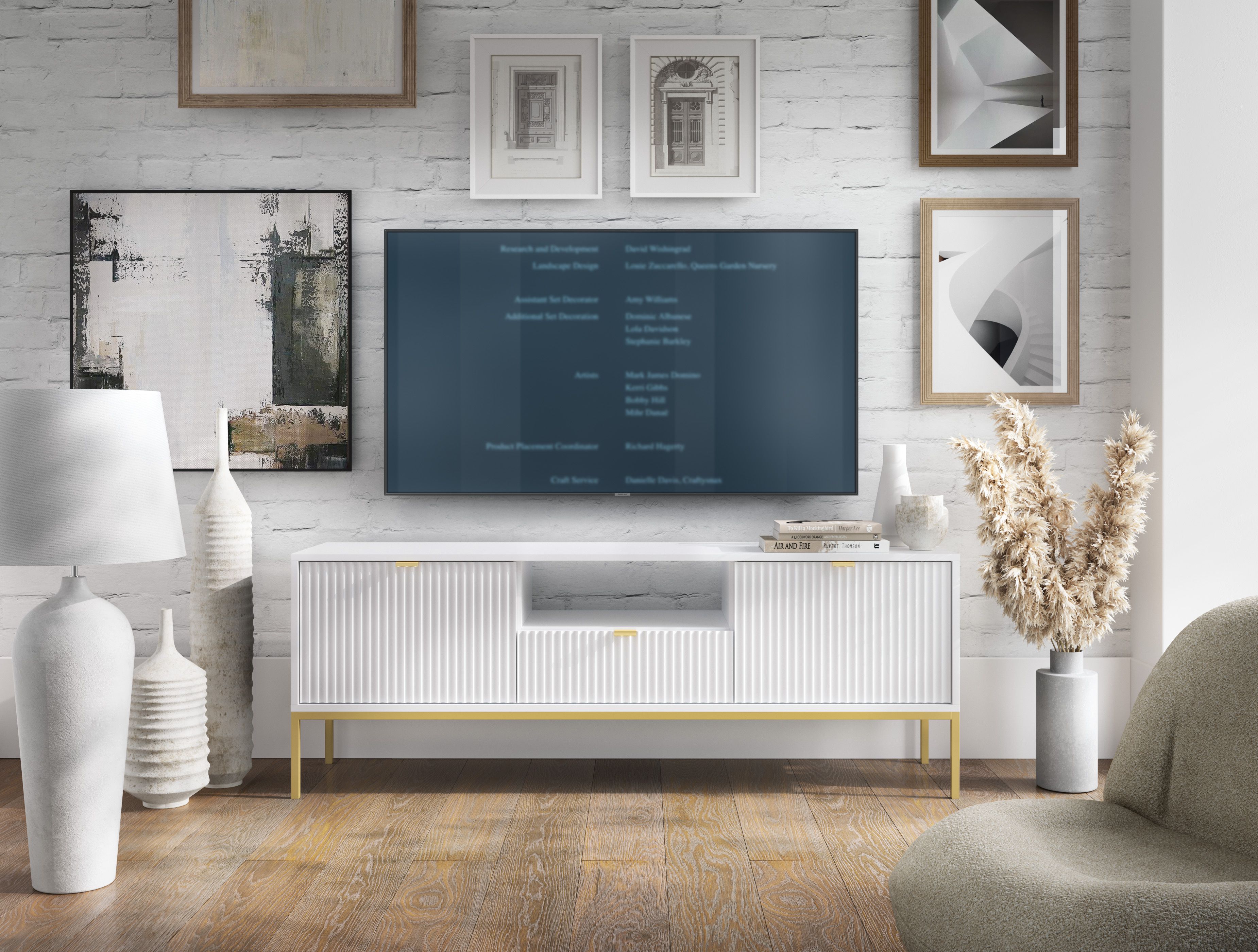 TV-Unterschrank Worthing 29, Farbe: Weiß / Gold - Abmessungen: 56 x 154 x 39 cm (H x B x T)