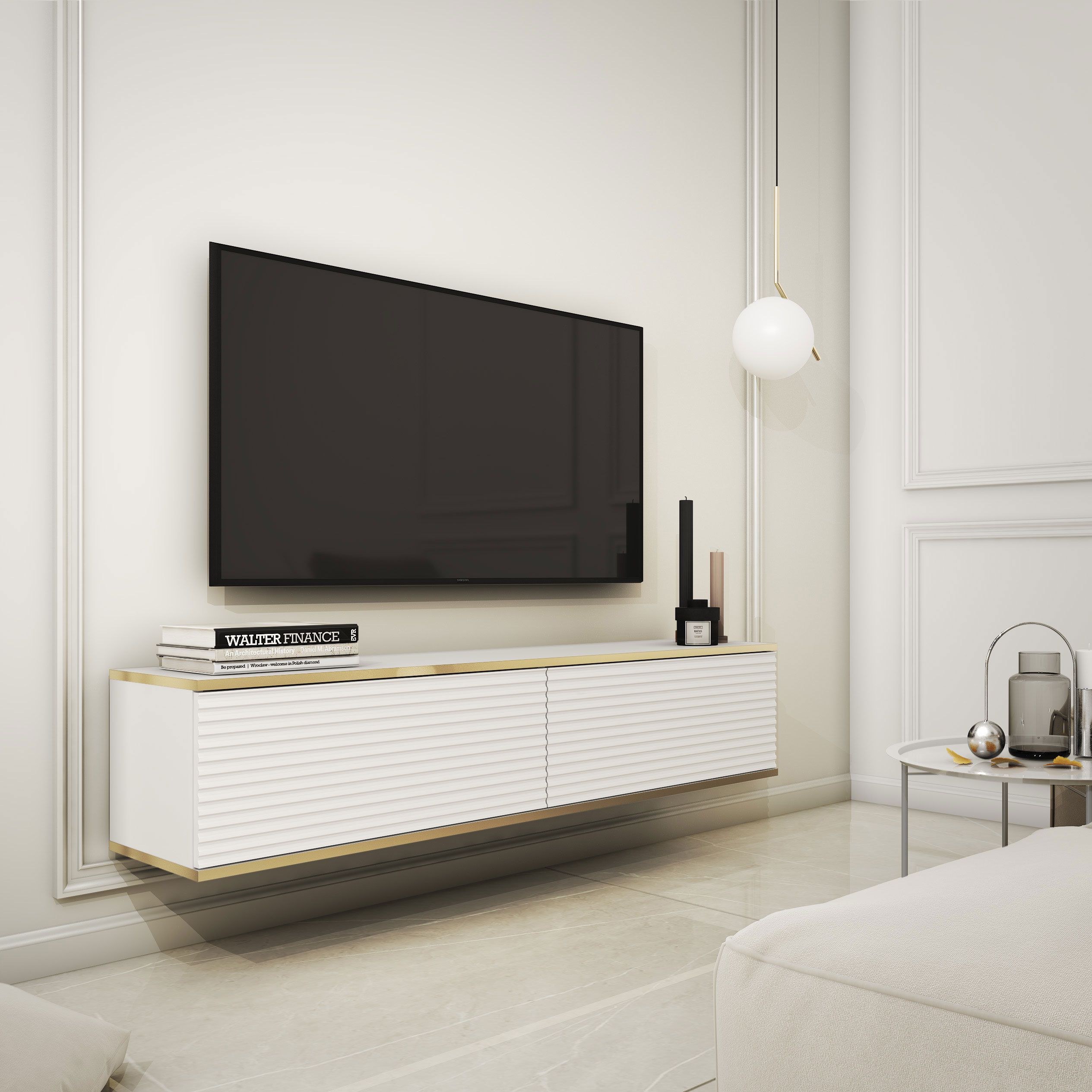 Schlichtes TV-Unterschrank mit Push-to-open Funktion Horsham 02, Farbe: Weiß - Abmessungen: 30 x 135 x 32 cm (H x B x T)