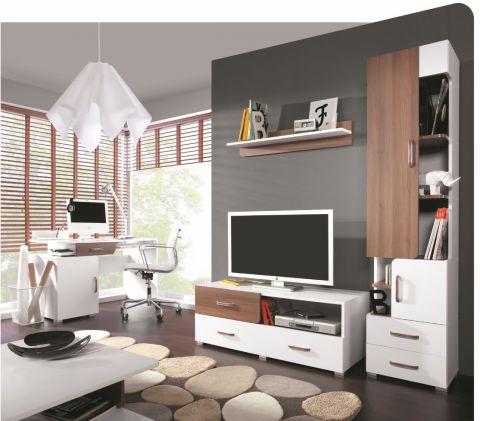 Wohnzimmer Komplett - Set A Bulolo, 5-teilig, Farbe: Weiß / Nuss