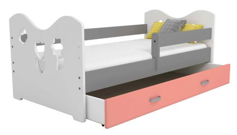 Kinderbett Kiefer teilmassiv weiß / grau lackiert B2, Schublade: Rosa, inkl. Lattenrost - Liegefläche: 80 x 160 cm (B x L)