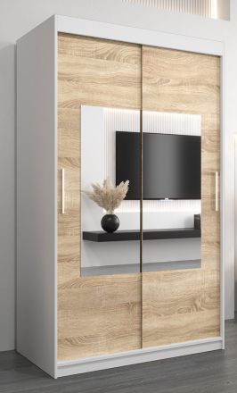 Schiebetürenschrank / Kleiderschrank Claveles 02 mit Spiegel, Farbe: Weiß matt / Eiche Sonoma - Abmessungen: 200 x 120 x 62 cm ( H x B x T)