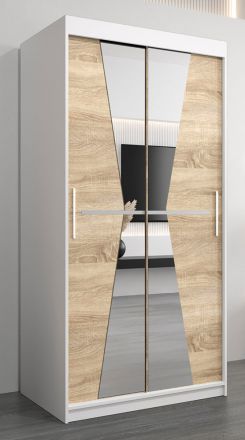 Schiebetürenschrank / Kleiderschrank Naranco 01 mit Spiegel, Farbe: Weiß matt / Eiche Sonoma - Abmessungen: 200 x 100 x 62 cm ( H x B x T)