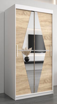 Schiebetürenschrank / Kleiderschrank Alphubel 01 mit Spiegel, Farbe: Weiß matt / Eiche Sonoma  - Abmessungen: 200 x 100 x 62 cm ( H x B x T)