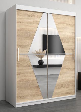Schiebetürenschrank / Kleiderschrank Alphubel 03 mit Spiegel, Farbe: Weiß matt / Eiche Sonoma - Abmessungen: 200 x 150 x 62 cm ( H x B x T)