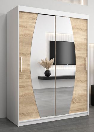 Schiebetürenschrank / Kleiderschrank Calvitero 03 mit Spiegel, Farbe: Weiß matt / Eiche Sonoma - Abmessungen: 200 x 150 x 62 cm ( H x B x T)