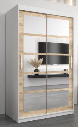 Schiebetürenschrank / Kleiderschrank Aizkorri 02B mit Spiegel, Farbe: Weiß matt / Eiche Sonoma - Abmessungen: 200 x 120 x 62 cm (H x B x T)