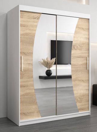 Schiebetürenschrank / Kleiderschrank Combin 03 mit Spiegel, Farbe: Weiß matt / Eiche Sonoma - Abmessungen: 200 x 150 x 62 cm (H x B x T)