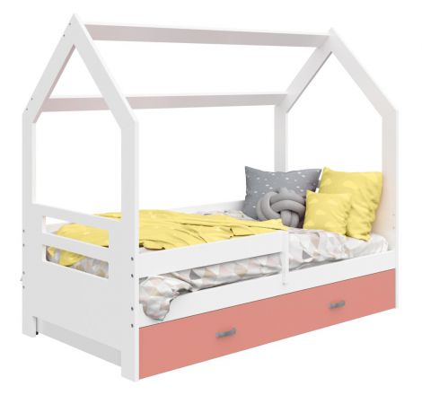 Kinderbett / Hausbett Kiefer Vollholz massiv weiß lackiert D3B, Schublade: Rosa, inkl. Lattenrost - Liegefläche: 80 x 160 cm (B x L)