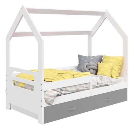 Kinderbett / Hausbett Kiefer Vollholz massiv weiß lackiert D3B, Schublade: Grau, inkl. Lattenrost - Liegefläche: 80 x 160 cm (B x L)