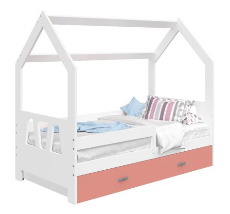 Kinderbett / Hausbett Kiefer Vollholz massiv weiß lackiert D3A, Schublade: Rosa, inkl. Lattenrost - Liegefläche: 80 x 160 cm (B x L)
