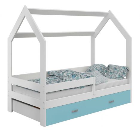 Kinderbett / Hausbett Kiefer Vollholz massiv weiß lackiert D3, Schublade: Blau, inkl. Lattenrost - Liegefläche: 80 x 160 cm (B x L)