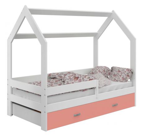 Kinderbett / Hausbett Kiefer Vollholz massiv weiß lackiert D3, Schublade: Rosa, inkl. Lattenrost - Liegefläche: 80 x 160 cm (B x L)