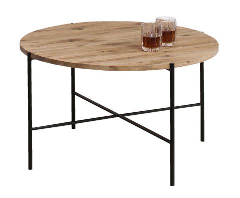 Couchtisch mit 80 cm Durchmesser Fuligula 09, Eiche natur, Tischhöhe 45 cm, schlanke Tischbeine aus Metall in Schwarz, Tischplattenstärke 19 mm