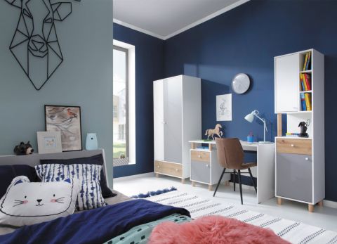 Jugendzimmer Komplett - Set E Burdinne, 4-teilig, Farbe: Weiß / Eiche / Grau