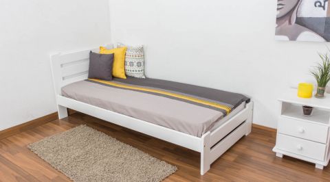 Einzelbett / Gästebett  Kiefer Vollholz massiv weiß lackiert A24, inkl. Lattenrost - Abmessung 90 x 200 cm 