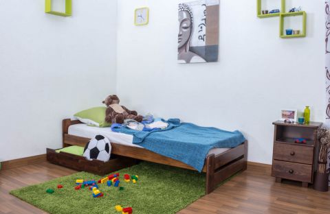 Kinderbett / Jugendbett Kiefer Vollholz massiv Nussfarben A9, inkl. Lattenrost - Abmessung 90 x 200 cm 