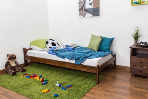 Kinderbett / Jugendbett Kiefer Vollholz massiv Nussfarben A14, inkl. Lattenrost - Abmessung 90 x 200 cm 