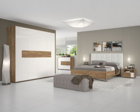 Schlafzimmer Komplett - Set A Manase, 5-teilig, Farbe: Eiche Braun / Weiß Hochglanz