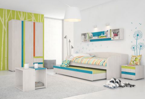 Kinderzimmer Komplett - Set E Peter, 7-teilig, Farbe: Kiefer Weiß / Orange / Gelb / Türkis