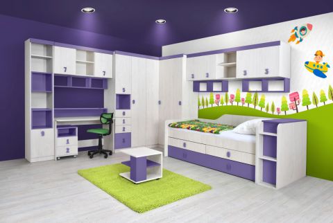 Kinderzimmer Komplett - Set D Luis, 16-teilig, Farbe: Eiche Weiß / Lila