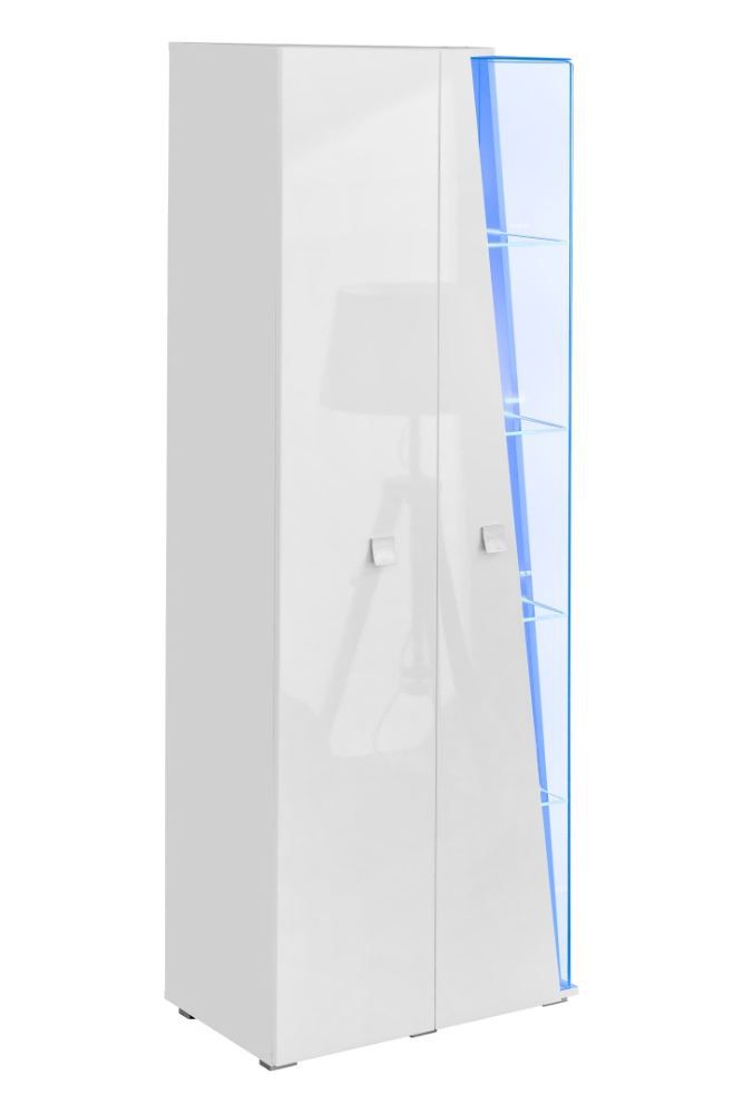 Große Vitrine Nevedal 02, Farbe: Weiß Hochglanz - Abmessungen: 200 x 70 x 40 cm (H x B x T), mit 10 Fächern