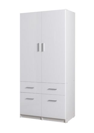 Drehtürenschrank / Kleiderschrank Messini 03, Farbe: Weiß / Weiß Hochglanz - Abmessungen: 198 x 92 x 54 cm (H x B x T)