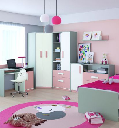 Kinderzimmer Komplett - Set A Renton, 6-teilig, Farbe: Platingrau / Weiß / Puderrosa