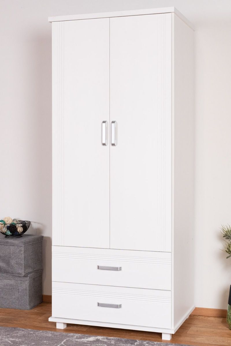 Kleiderschrank mit dekorativen Einfräsungen Kiefer Vollholz massiv weiß lackiert Columba 01 - Abmessung 195 x 80 x 59 cm