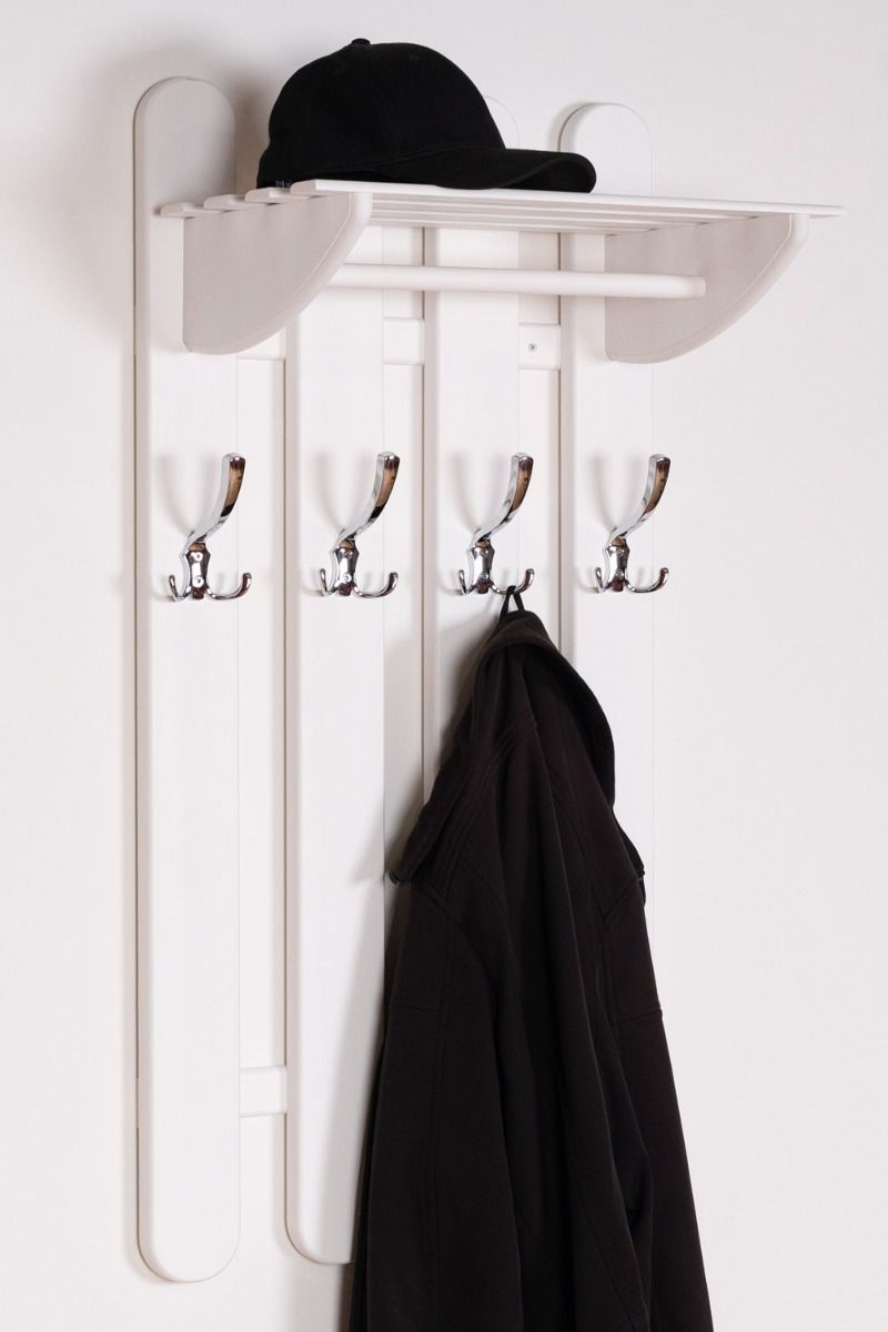 Weiße Garderobe aus Massivholz Kiefer Junco 349, mit 4 Haken und einer Ablage, 100 x 50 x 33 cm, hochwertig verarbeitet, einfache Montage, modern