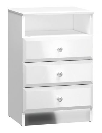 Nachtkommode Sydfalster 07, Farbe: Weiß / Weiß Hochglanz - Abmessungen: 68 x 45 x 34 cm (H x B x T), mit 3 Schubladen und 1 Fach
