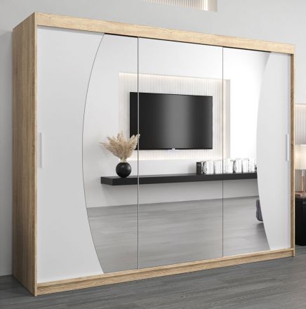 Schiebetürenschrank / Kleiderschrank Combin 06 mit Spiegel, Farbe: Eiche Sonoma / Weiß matt - Abmessungen: 200 x 250 x 62 cm (H x B x T)