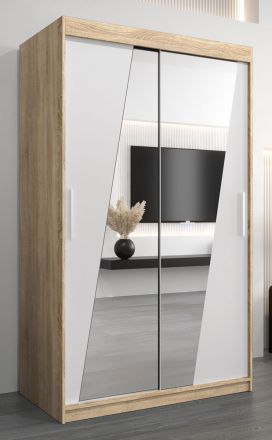 Schiebetürenschrank / Kleiderschrank Guajara 02 mit Spiegel, Farbe: Eiche Sonoma / Weiß matt - Abmessungen: 200 x 120 x 62 cm (H x B x T)