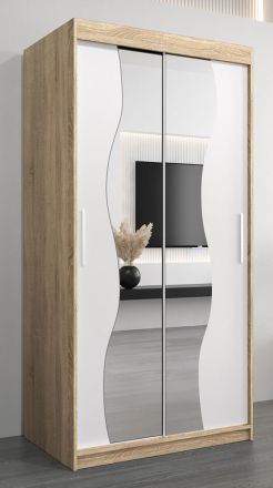 Schiebetürenschrank / Kleiderschrank Robinyera 01 mit Spiegel, Farbe: Eiche Sonoma / Weiß matt - Abmessungen: 200 x 100 x 62 cm ( H x B x T)