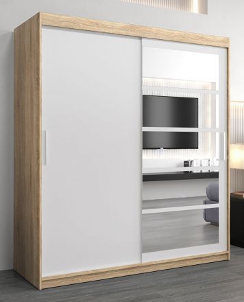 Schiebetürenschrank / Kleiderschrank Aizkorri 04A mit Spiegel, Farbe: Eiche Sonoma / Weiß matt - Abmessungen: 200 x 180 x 62 cm (H x B x T)
