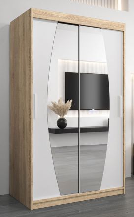 Schiebetürenschrank / Kleiderschrank Calvitero 02 mit Spiegel, Farbe: Eiche Sonoma / Weiß matt - Abmessungen: 200 x 120 x 62 cm ( H x B x T)