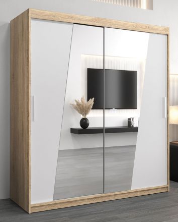 Schiebetürenschrank / Kleiderschrank Guajara 04 mit Spiegel, Farbe: Eiche Sonoma / Weiß matt - Abmessungen: 200 x 180 x 62 cm (H x B x T)