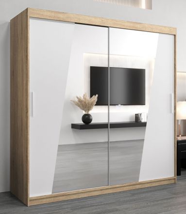 Schiebetürenschrank / Kleiderschrank Guajara 05 mit Spiegel, Farbe: Eiche Sonoma / Weiß matt - Abmessungen: 200 x 200 x 62 cm (H x B x T)