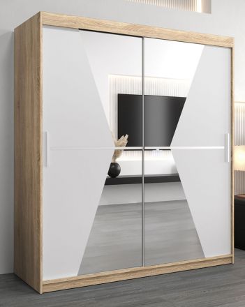 Schiebetürenschrank / Kleiderschrank Naranco 04 mit Spiegel, Farbe: Eiche Sonoma / Weiß matt - Abmessungen: 200 x 180 x 62 cm ( H x B x T )