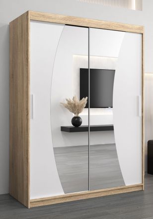 Schiebetürenschrank / Kleiderschrank Combin 03 mit Spiegel, Farbe: Eiche Sonoma / Weiß matt - Abmessungen: 200 x 150 x 62 cm (H x B x T)