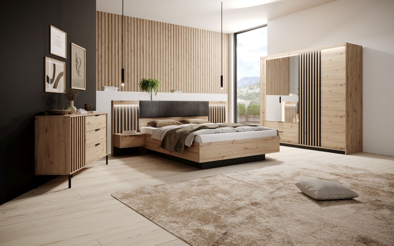 Schlafzimmer Komplett - Set A Chebba, 4-teilig, Farbe: Eiche Artisan / Anthrazit