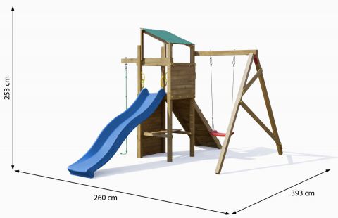 Kinderspielturm / Spielanlage Hannes inkl. Rampe, Kletterwand, Einzelschaukel, Kletterseil und Wellenrutsche FSC®
